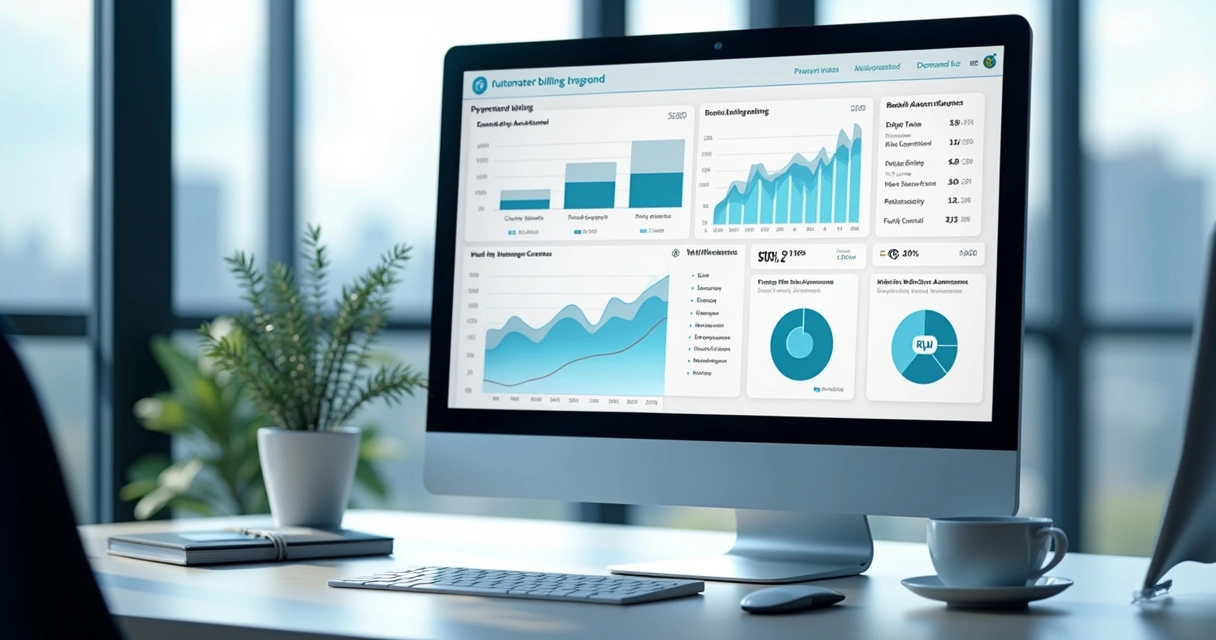 Computador com dashboard financeiro e gráficos de cobrança automatizada integrados ao ERP, ambiente de escritório moderno e iluminado 