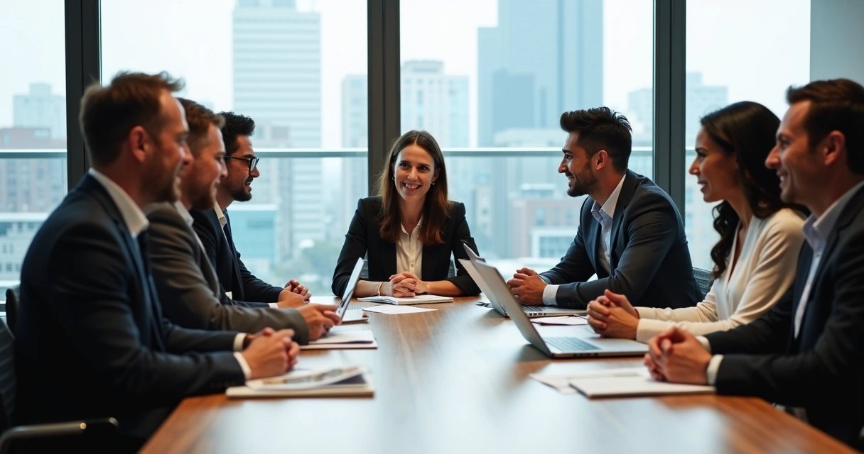 Gestores e novos colaboradores ao redor de uma mesa de escritório em reunião de integração 