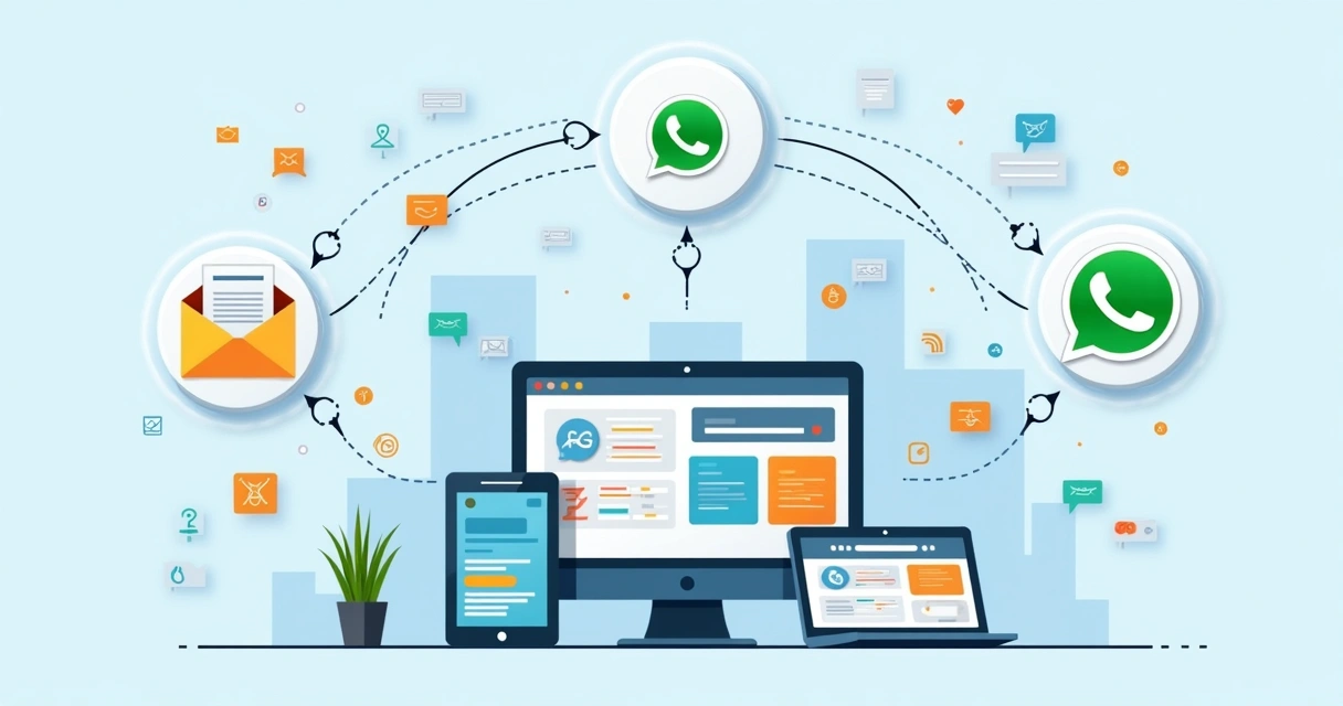 Painel digital exibindo integrações entre e-mail, WhatsApp e sistema de ordens de serviço 