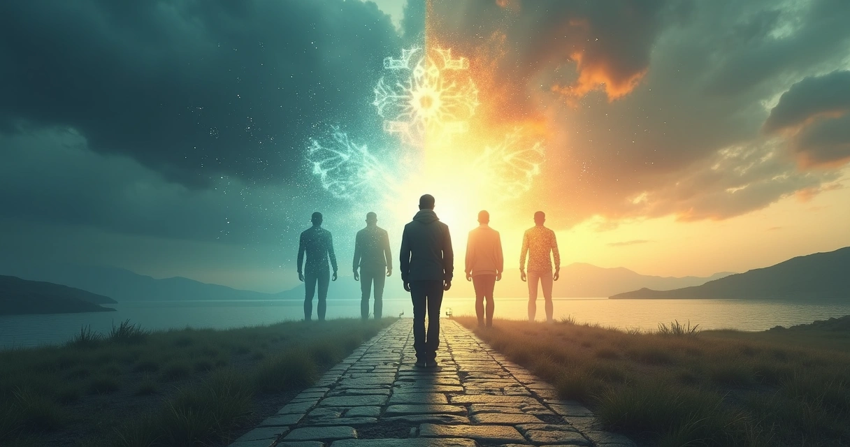 Pessoa contemplando três silhuetas internas em equilíbrio diante de paisagem dividida entre caos e harmonia 