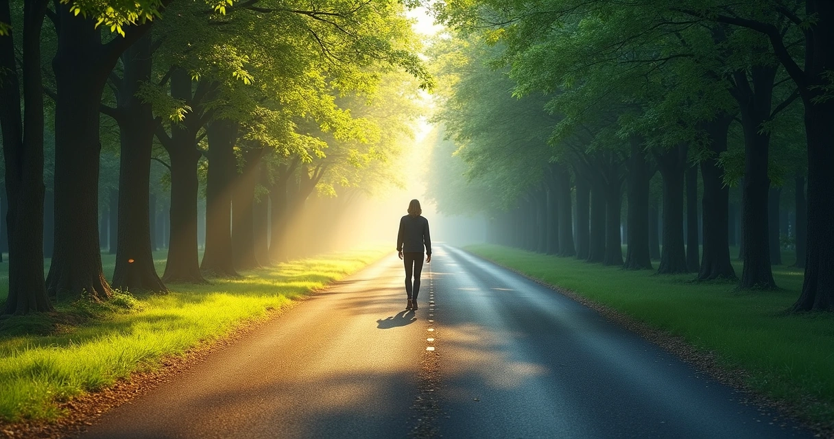 Pessoa caminhando por estrada dividida representando escolhas e integração interna 