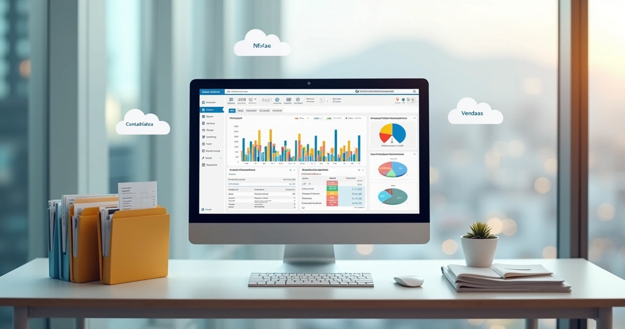 Tela de computador exibindo integração entre financeiro e contabilidade, com gráficos e notas fiscais 