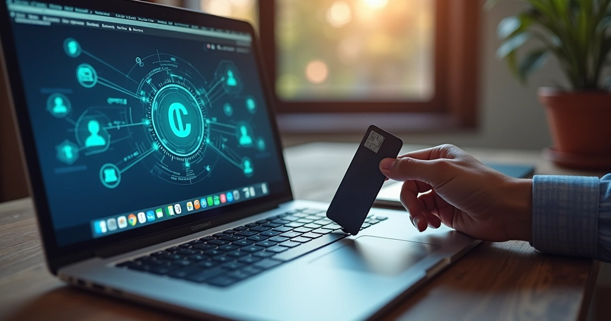 Mesa de trabalho com laptop aberto mostrando integração de contas digitais, com ícones de pagamento como Pix, boleto e cartão no fundo e equipe discutindo tecnologias fintech ao redor 