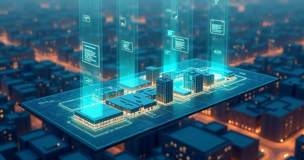 Integração entre contratos digitais e ERP em painel sobre cidade comercial 
