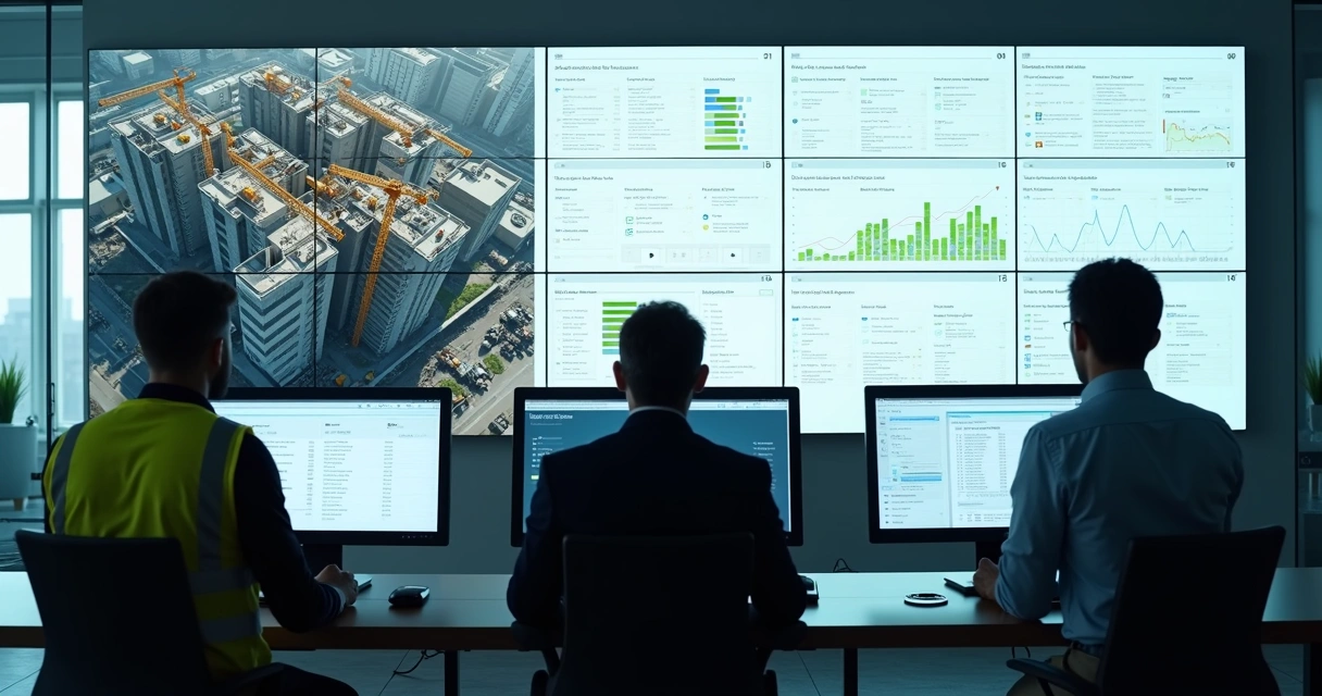 Sala de controle digital monitorando obra em tempo real com dados fiscais em telas grandes 