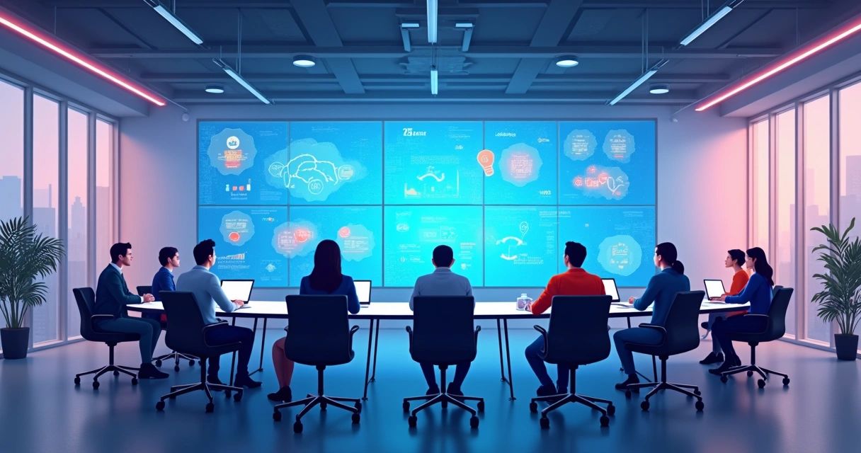 Equipe em sala de reunião usando telas grandes conectadas a gráficos e inteligência artificial 