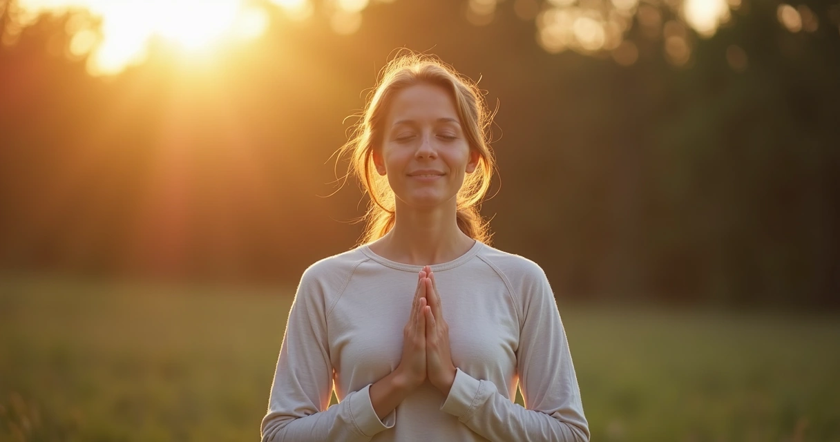Pessoa em postura tranquila unindo as mãos ao peito, corpo relaxado, ambiente natural ao fundo.