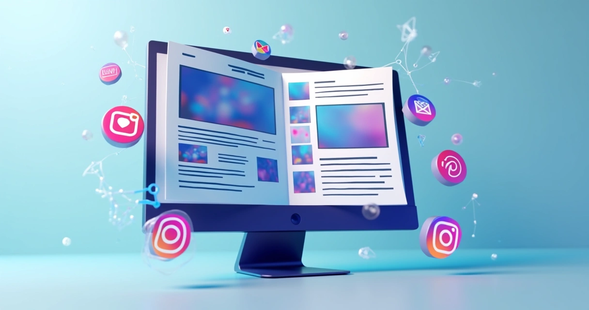 Interface 3D mostrando cortes de vídeos e uma newsletter digital na tela com ícones de compartilhamento nas redes sociais 