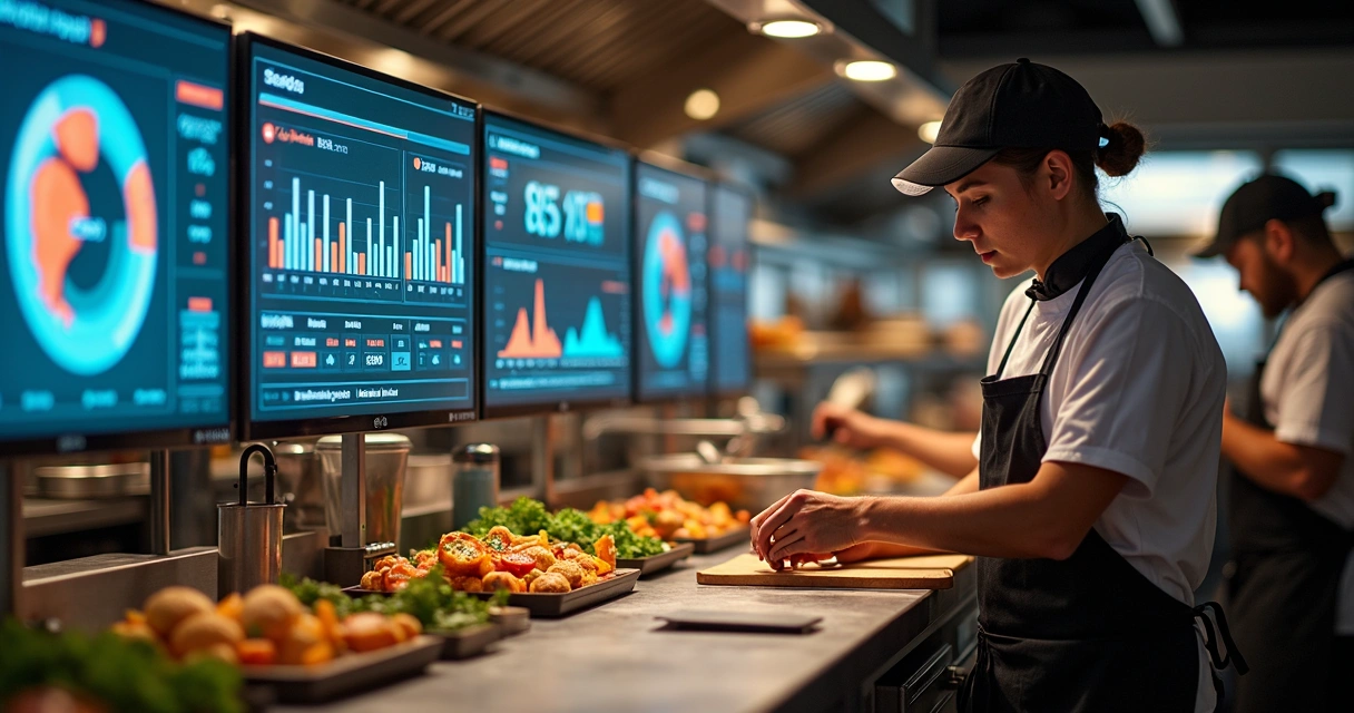 Restaurante com cozinha equipada e sistema digital integrado 