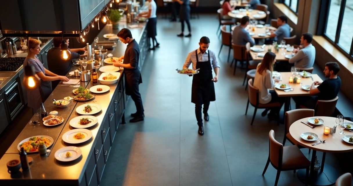Visão aérea de restaurante mostrando integração entre cozinha e salão com tela de indicadores no centro 