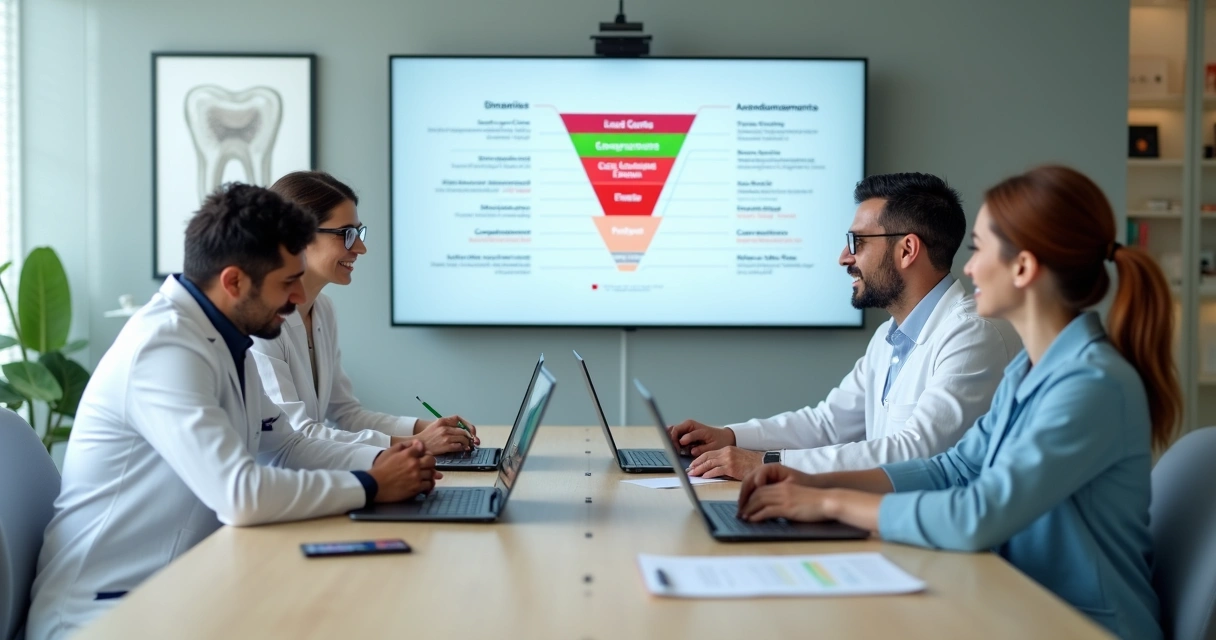 Equipe de clínica odontológica acompanhando painel de agendamentos e no-show em tela com fluxo do paciente 