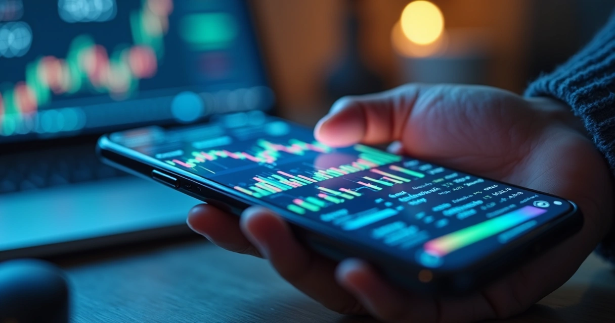 Close-up de uma mão segurando um smartphone com tela mostrando códigos de programação e gráficos financeiros digitais 