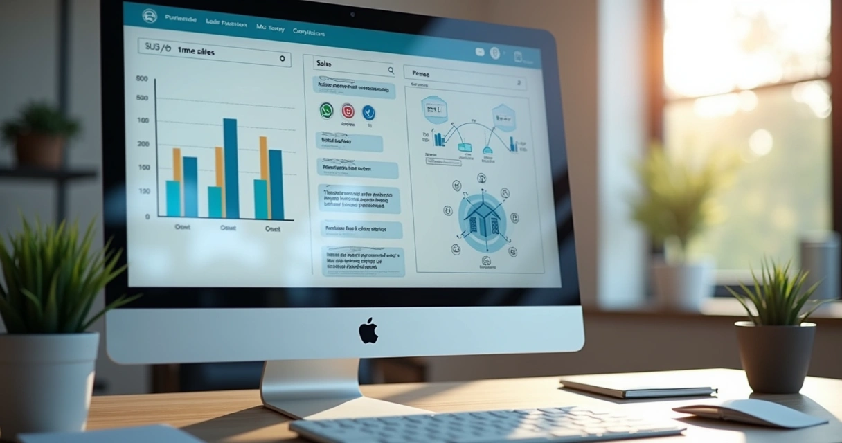 Interface moderna de CRM integrando atendimento e vendas com gráficos, mensagens e fluxos automáticos em tela de computador 