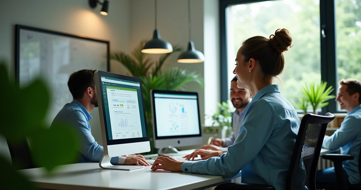 Como Comprar Leads Qualificados sem Riscos para sua Empresa 5 Equipe integrando leads a sistema de CRM com telas exibindo automação de marketing