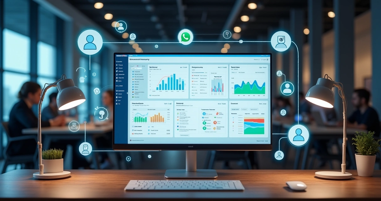 Tela de computador exibindo dashboard de CRM integrado com WhatsApp e Instagram em ambiente de escritório moderno 