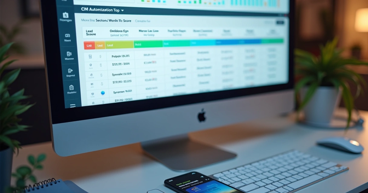 Tela de CRM integrado com automação mostrando lista de leads com diferentes pontuações 