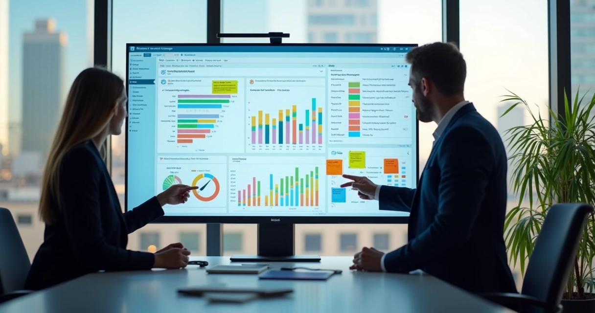 Monitor exibe dashboard de CRM integrado a plataforma de dados, com gráficos e alertas de atualização. 