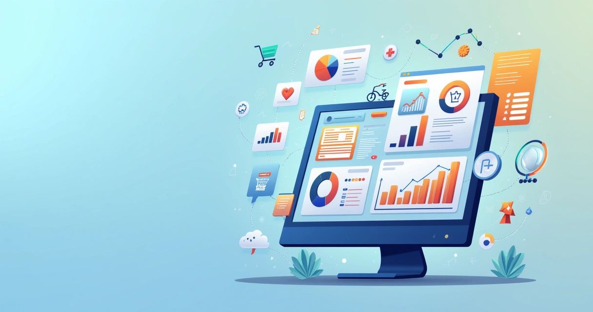 Ilustração da integração entre sistemas CRM e ERP, com gráficos e ícones representando dados centralizados.