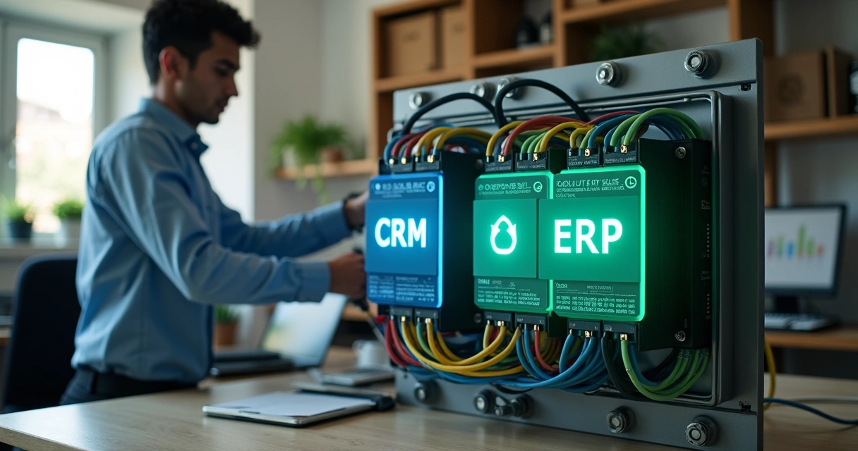 Technician connecting physical CRM panel to ERP panel in a small business