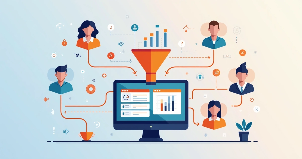 Tela de computador com gráficos conectando setores de vendas, marketing e atendimento, ilustrações de funil