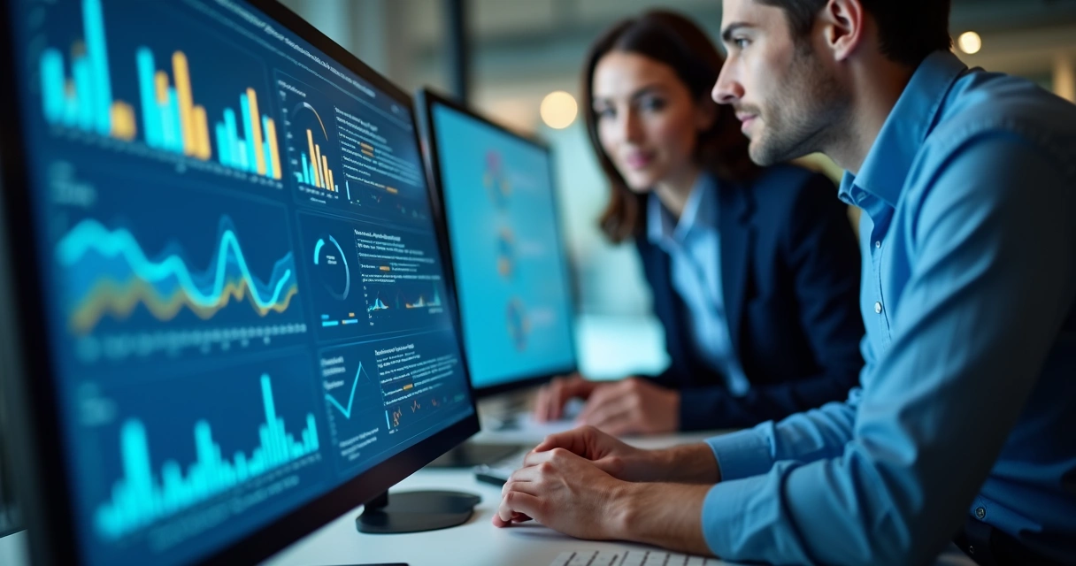 Equipe observa integração de dados entre plataformas na tela 