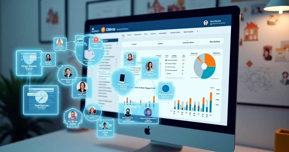 Tela de CRM imobiliário integrando contatos de redes sociais e portais 