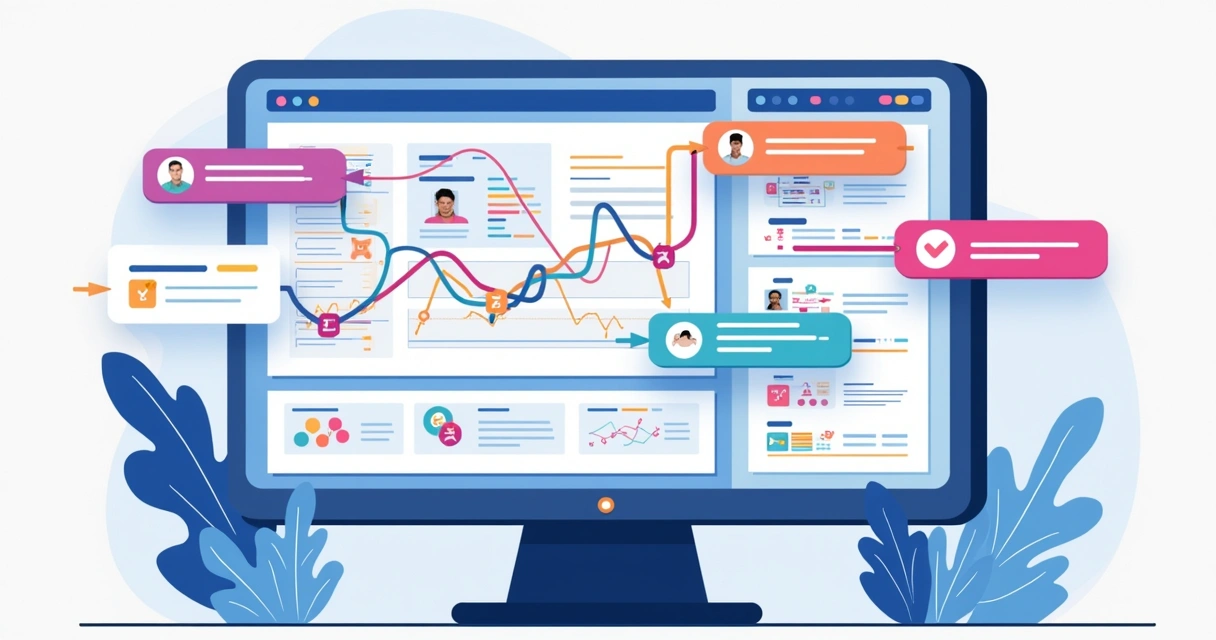 Integração entre CRM, planilha, e APIs desenhada em esquema colorido em tela de computador 