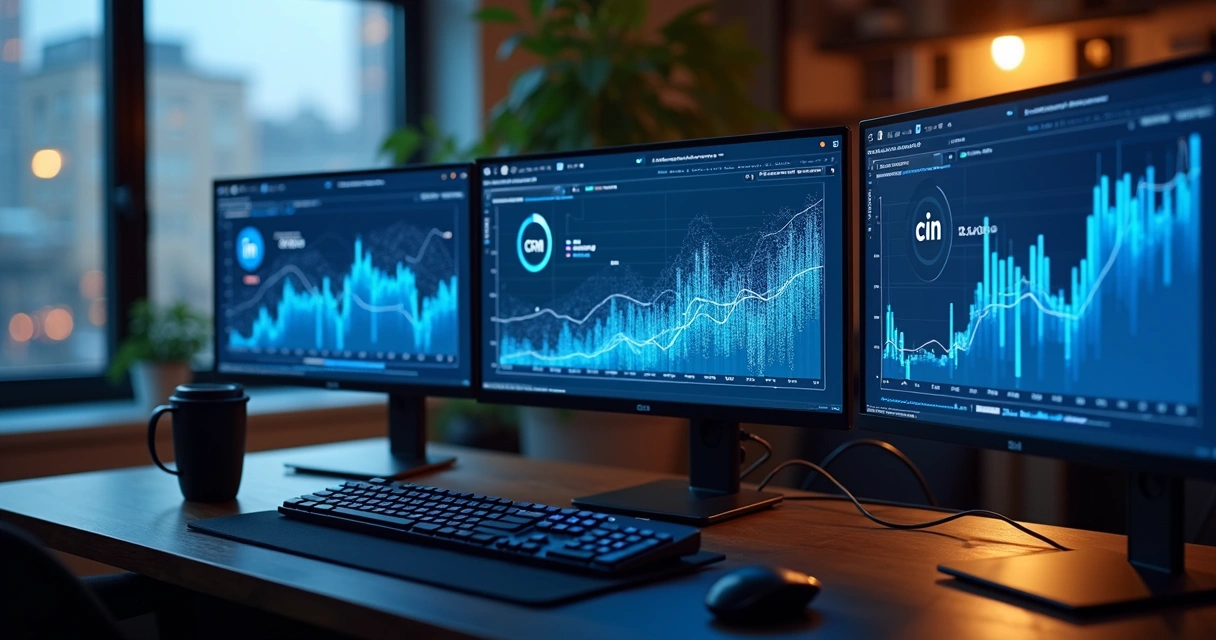 Telas de computador mostrando gráficos do CRM com logotipo do LinkedIn ao lado. 