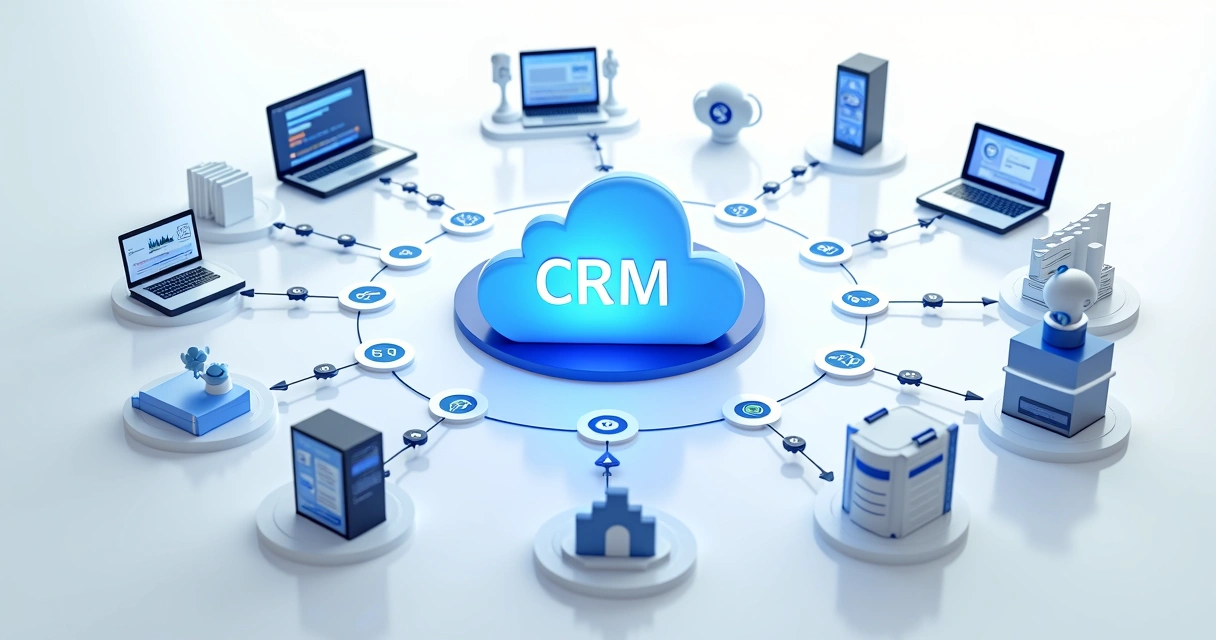 Ilustração mostrando integração de CRM e ferramentas de marketing, com fluxos de dados entre eles.