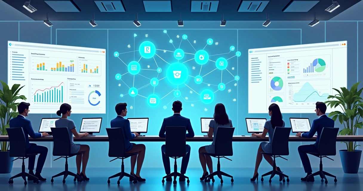 Equipe de vendas trabalhando junto com telas mostrando integração entre CRM, marketing e WhatsApp 