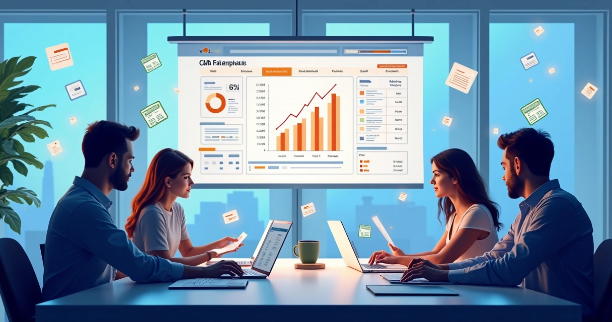 Processo de integração de dados via planilha para CRM, com equipes comerciais analisando dados em telas de computador