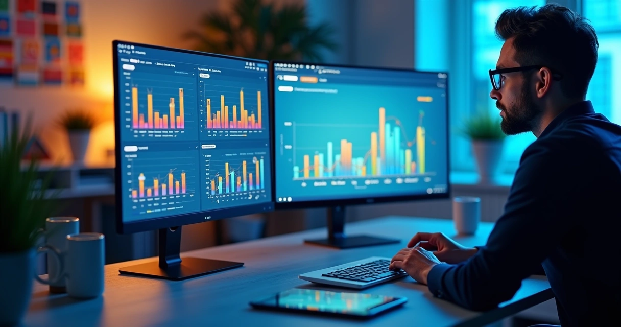 Integração de dados digitais em gráficos coloridos e tela de computador 