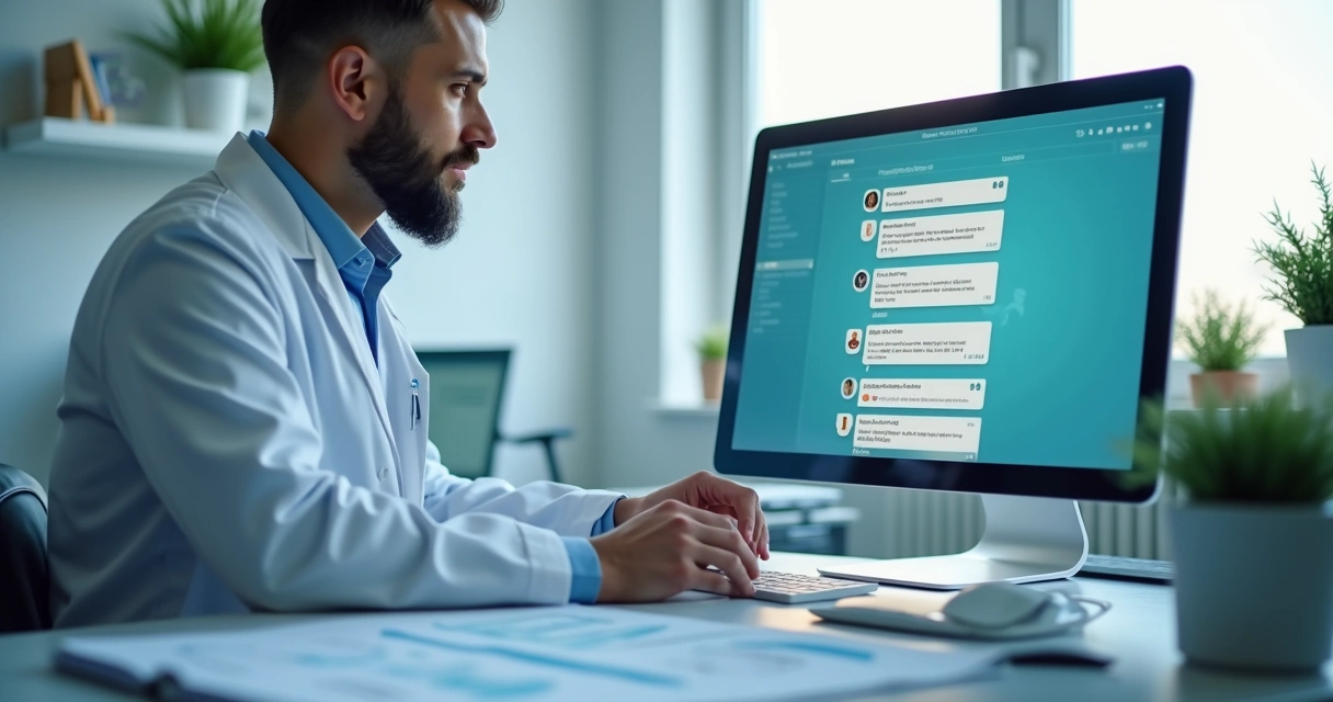 Dentista usando computador com tela mostrando integração de CRM e WhatsApp