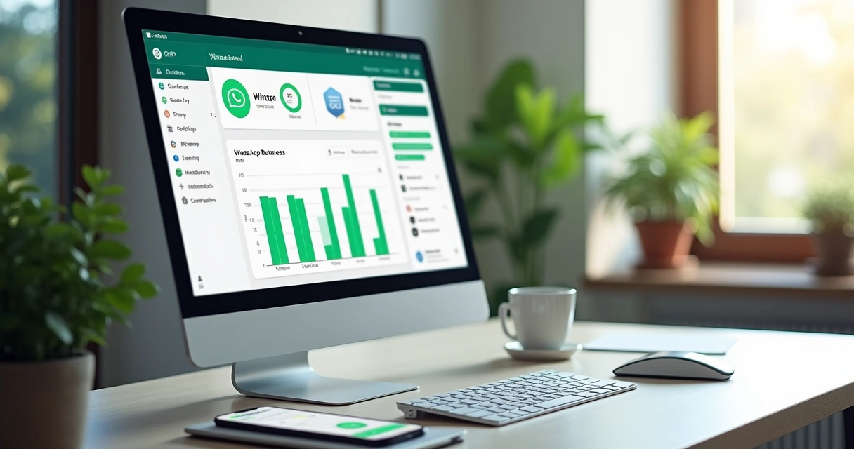 Tela de computador mostrando painel de CRM integrado ao WhatsApp com gráficos e contatos de vendas ativos 