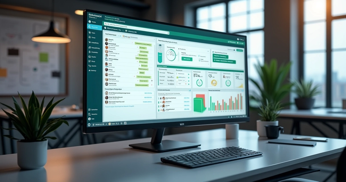 Tela digital mostrando integração de sistemas CRM e WhatsApp com fluxos automatizados e gráficos de desempenho 