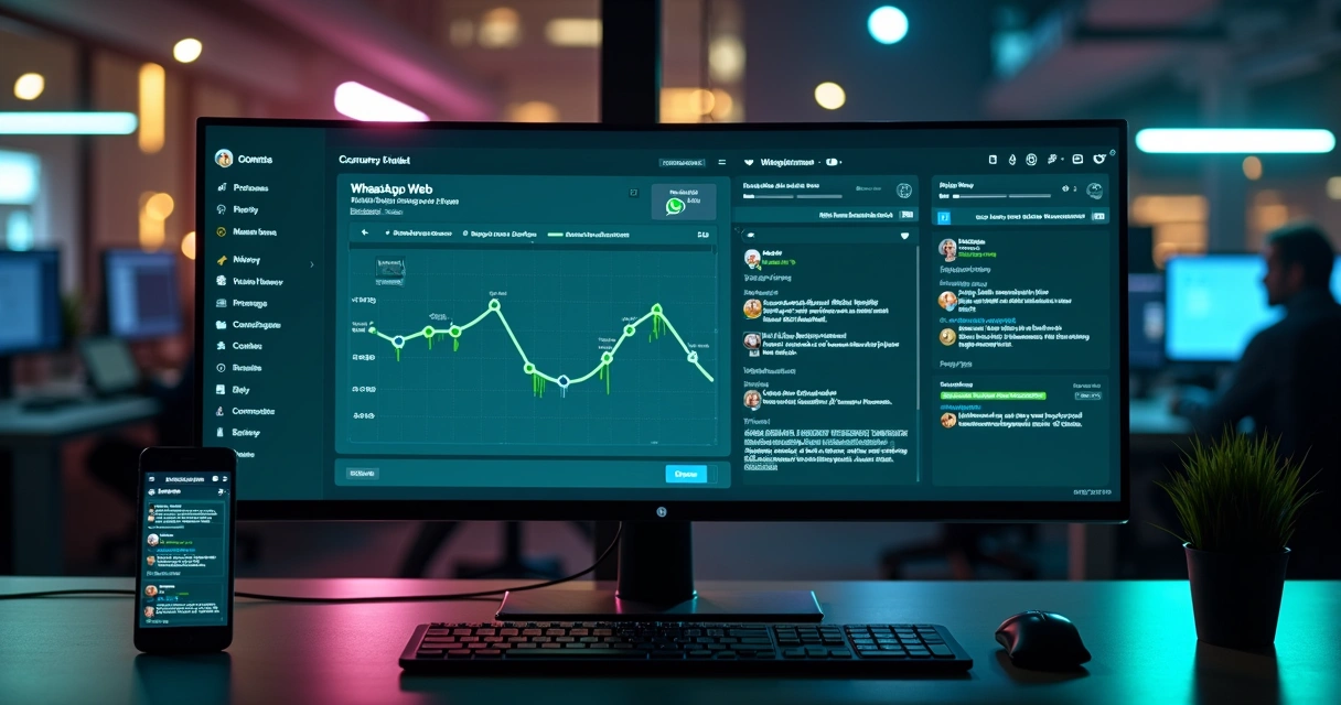 Split screen showing CRM panel and integrated WhatsApp conversation displaying B2B sales flow