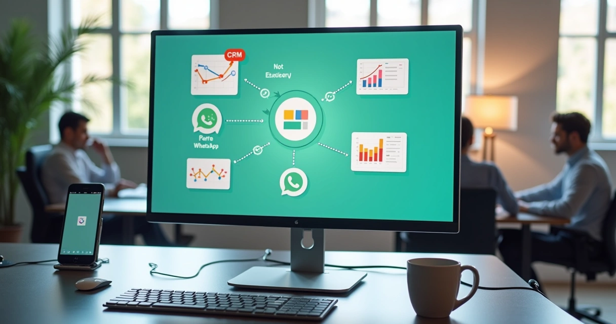 Tela de computador exibindo integração entre CRM e WhatsApp com gráficos e mensagens automáticas 