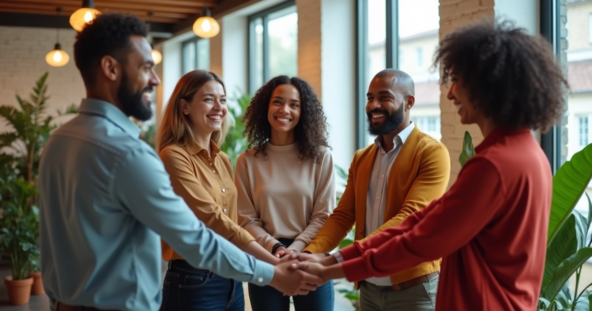 Equipe de trabalho sorrindo e colaborando na empresa 