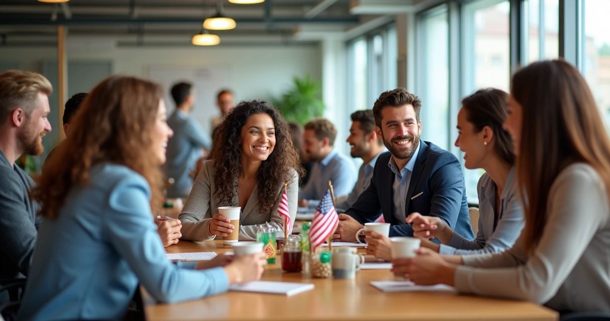 Profissionais brasileiros e americanos conversando durante coffee break 