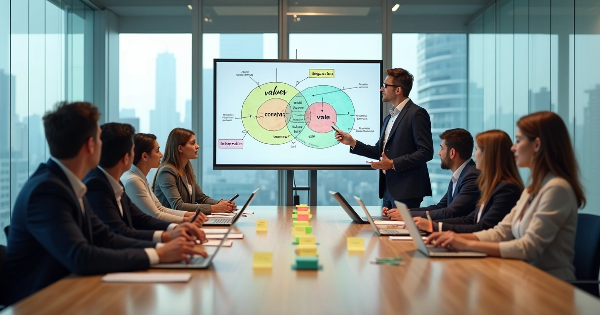 Coach facilitando integração de equipes de diferentes culturas em reunião corporativa 