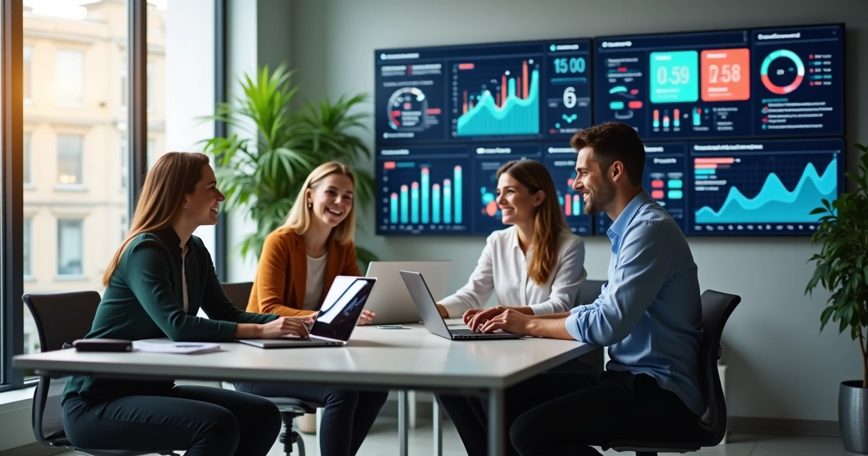 Equipe de vendas e customer success trabalhando juntos com telas de CRM ao fundo 