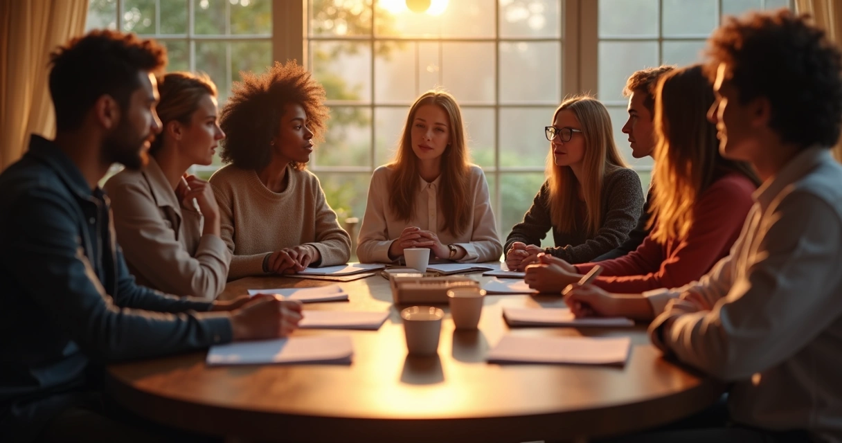 Grupo de pessoas conversando ao redor de uma mesa, com expressões de colaboração. 
