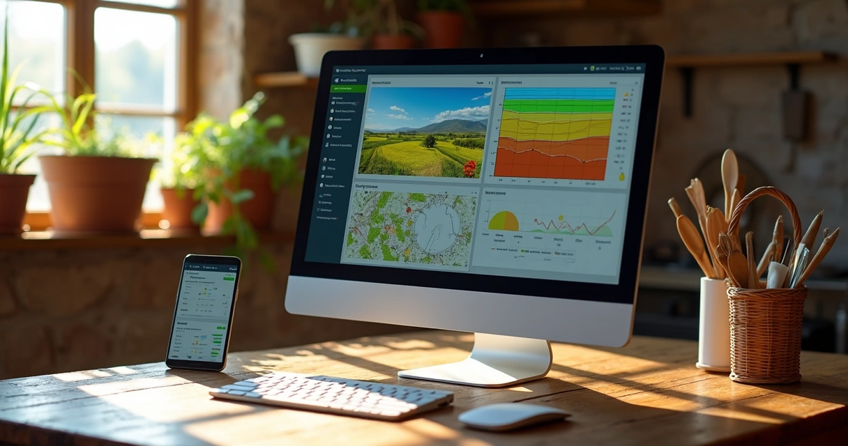 Sistema de computador mostrando gráficos agrícolas e planilhas, com dispositivos conectados em uma mesa de fazenda 