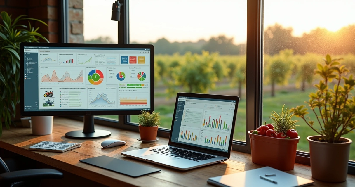 Tabela digital mostrando integração de dados agrícolas com sistemas ERP em fazenda moderna 