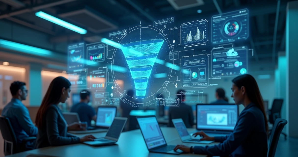 Interface digital com gráfico de funil de vendas e dados integrados entre marketing, vendas e produto 
