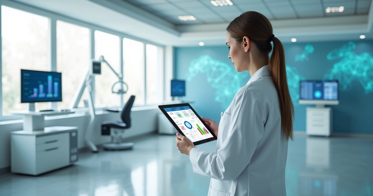 Profissional de saúde usando tablet para consultar dados digitais integrados em clínica médica moderna 