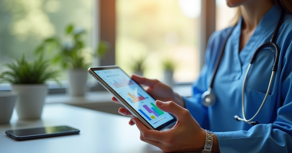 Profissional de saúde usando tablet com tela mostrando dashboards digitais e gráficos de dados clínicos e operacionais integrados 