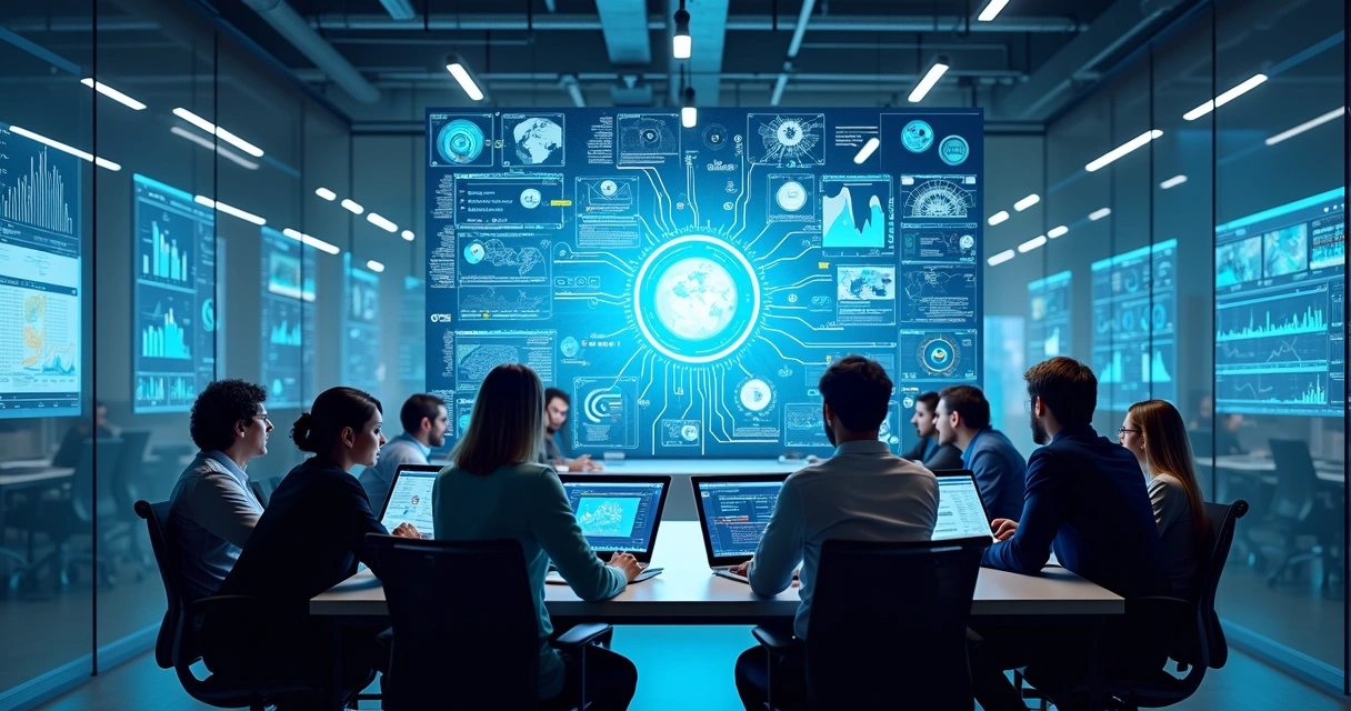 Equipe reunida em mesa analisando gráficos digitais em tela grande 