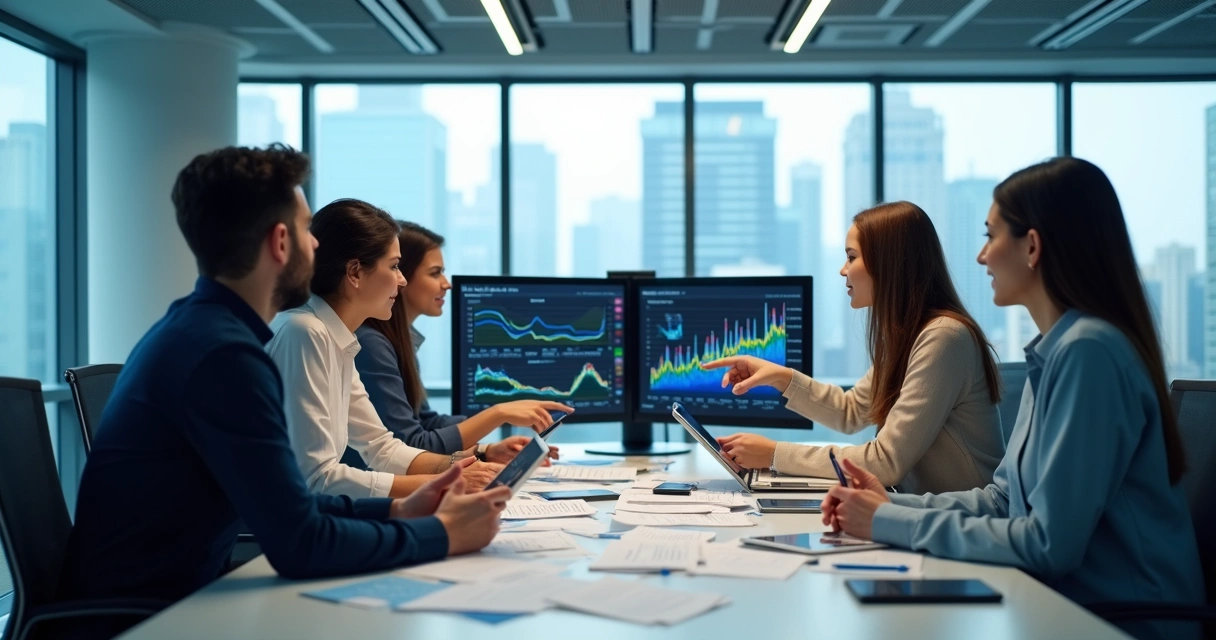 Reunião de equipe empresarial analisando gráficos de dados em computadoras