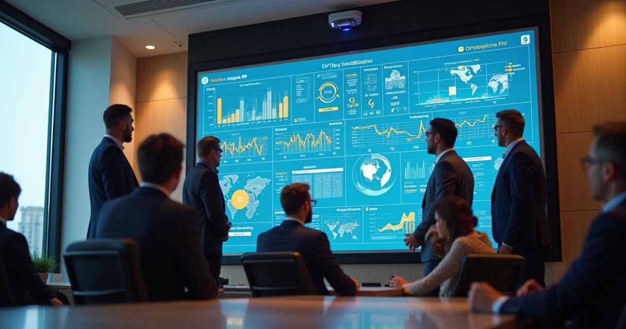 Equipe empresarial analisando dados em telas de computador com gráficos e fluxos integrados 